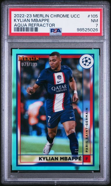 Kylian Mbappe Aqua Refractor /199 PSA 7 [2022-23 Topps Merlin Chrome Uefa Club Competitions]