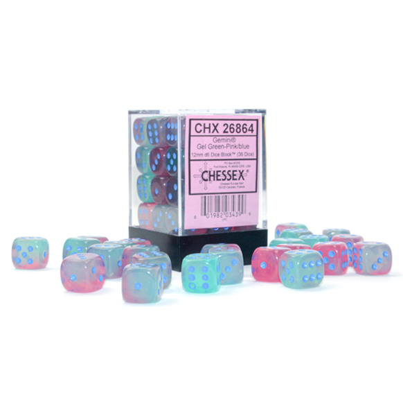 Gemini™ - 12mm d6 Gel Green-Pink/blue Luminary Dice Block forside