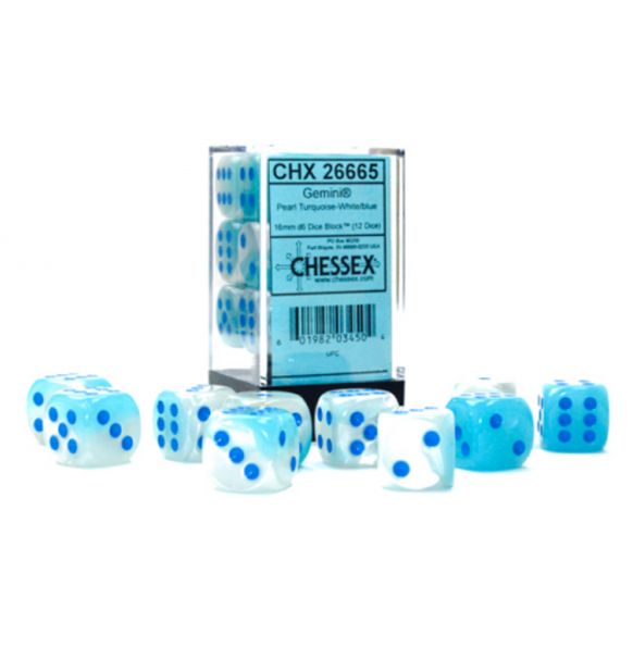 Gemini™ – 16 mm d6 Pearl Turquoise-White/blue Luminary Dice Block forside