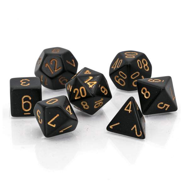 Opaque – Polyhedral Black w/gold 7-Die Set indhold