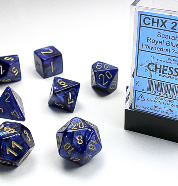 Scarab™ – Polyhedral Royal Blue w/gold 7-Die Set forside