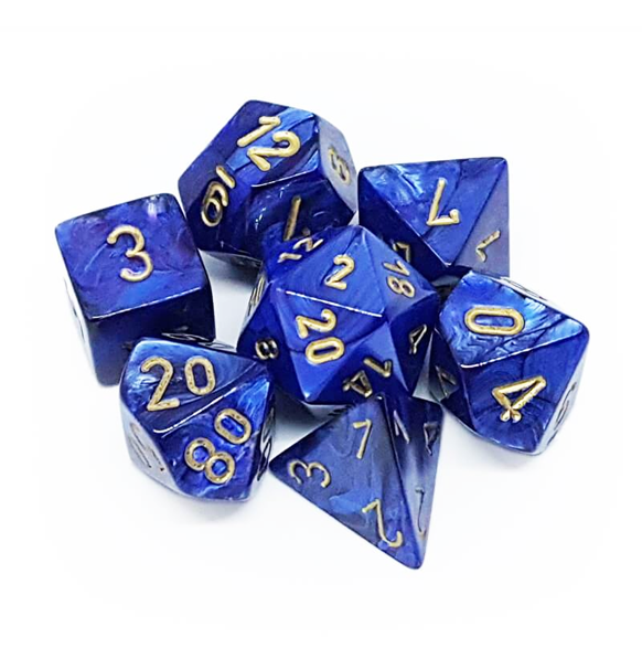 Scarab™ – Polyhedral Royal Blue w/gold 7-Die Set indhold