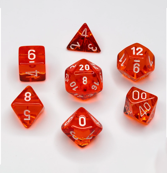 Translucent™ – Polyhedral Orange w/white 7-Die Set indhold