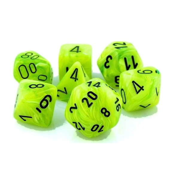 Vortex – Polyhedral Bright Green w/black 7-Die Set indhold